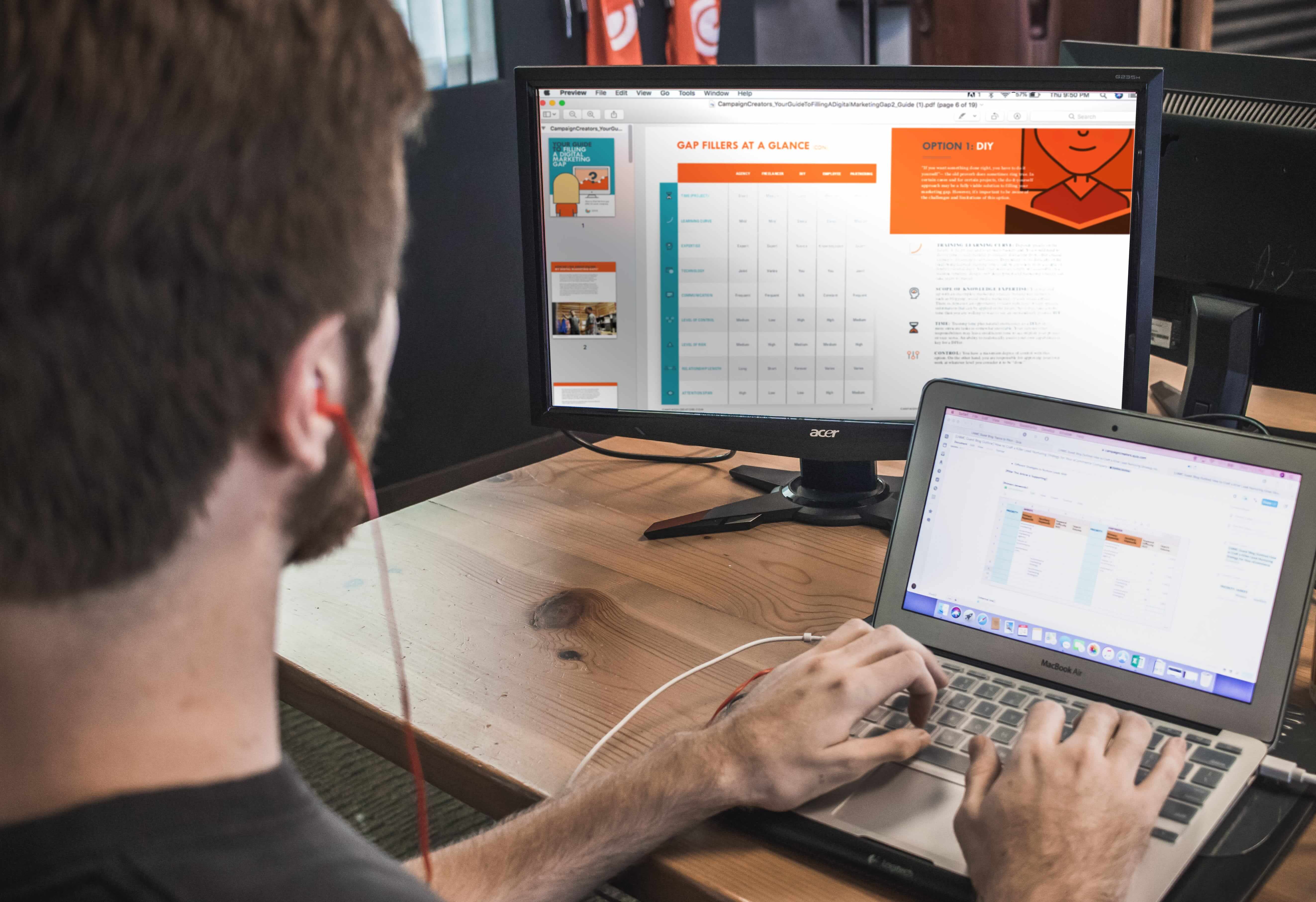 Marketer viewing premium content offers on computer