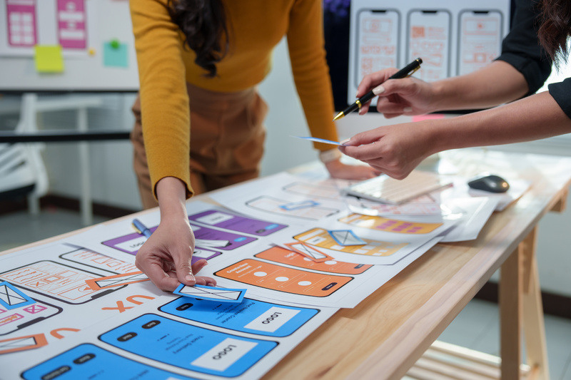 Team lays out design for a new app on poster board